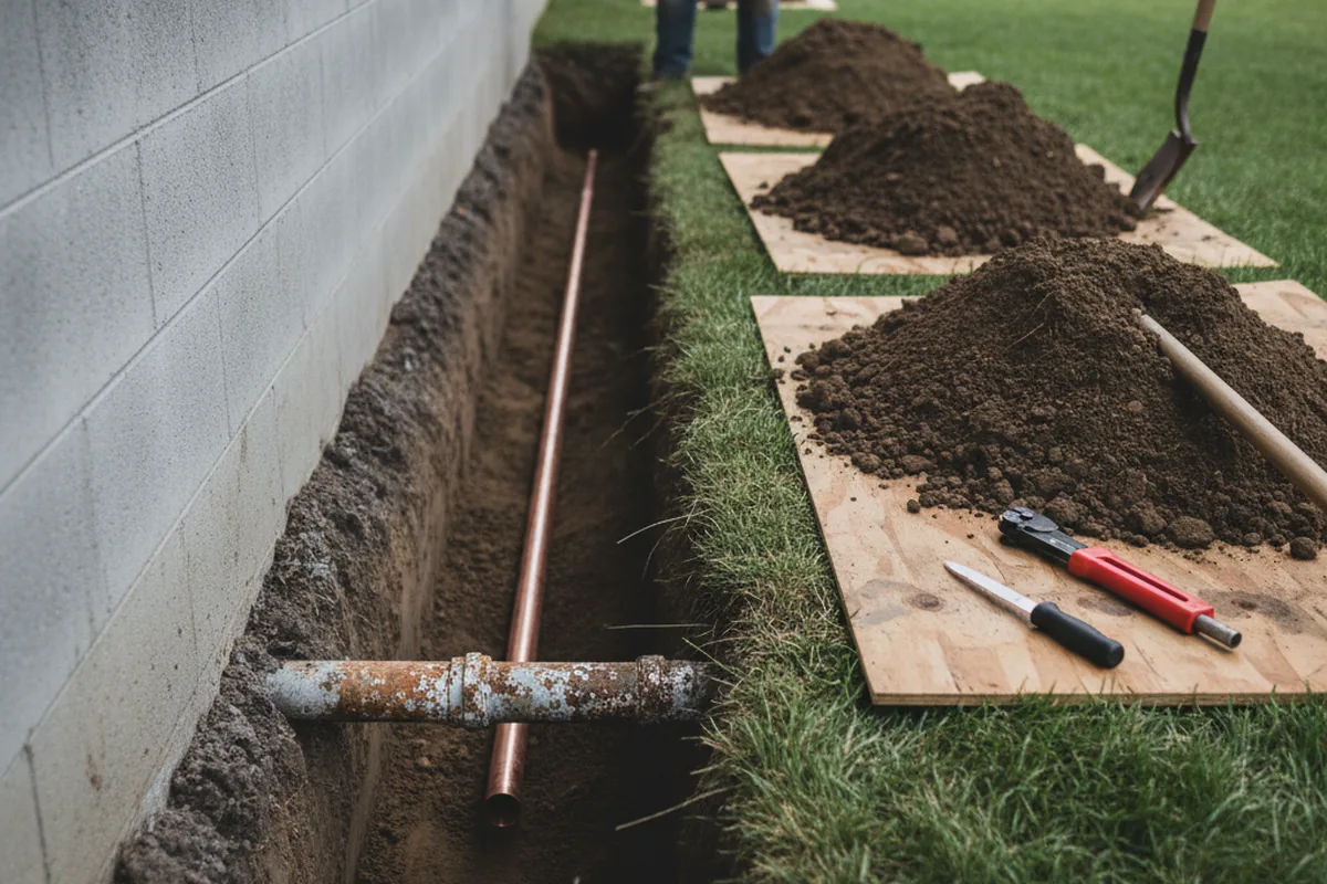 Excavated water line trench during Water Heater Repair in Putnam